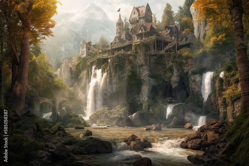 Discover a Magical Fairy Tale World  Ancient Elven Castle Near Famed Waterfall in the Forest  Generative AI