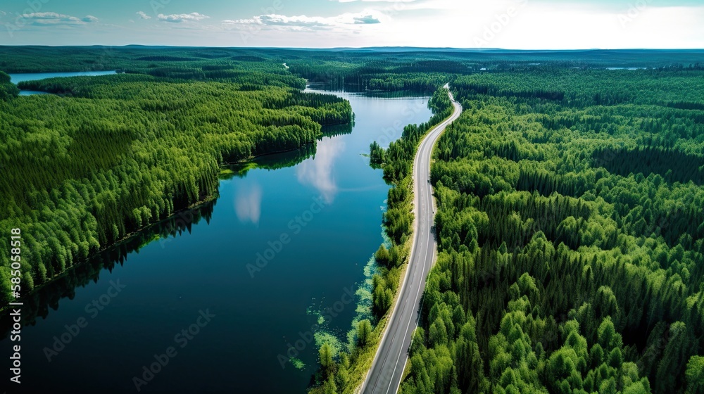 Summertime in Finland: A Bird's-Eye View of a Road Between a Green Forest and Turquoise Lake: Generative AI
