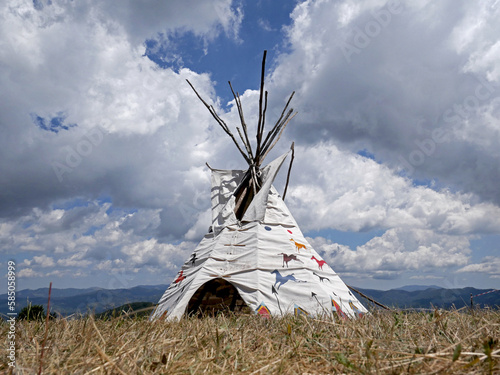 Tepee Indian tent filmed during a festival on North American culture hosted in the Ligurian natural park of Antola, Casa del Romano, in Italy. photo