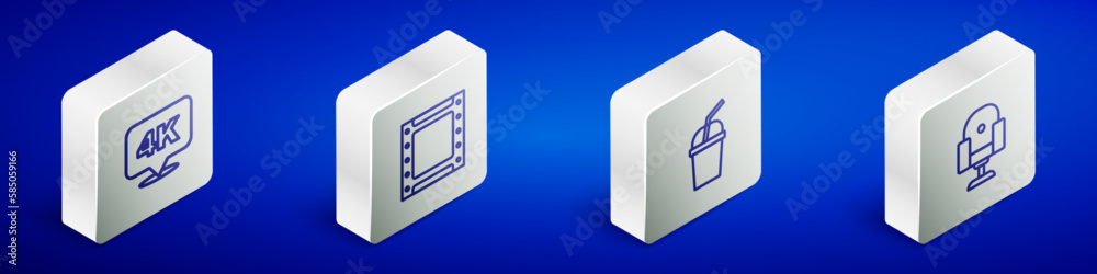 Set Isometric line 4k Ultra HD, Play video, Paper glass with water and Director movie chair icon. Vector Set Isometric line 4k Ultra HD, Play video, Paper glass with water and Director movie chair icon. Vector