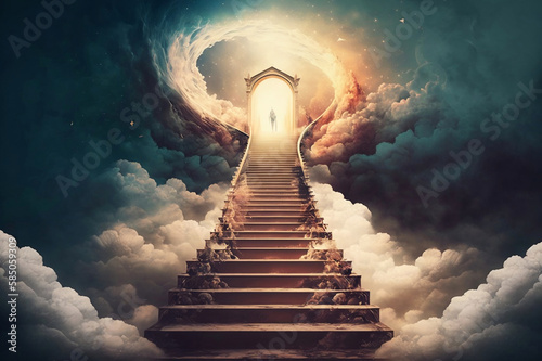 Ascending stairway leading to heaven entrance. Cloudy sky and bright sun light background spirituality and religion (created with Generative AI Technology) photo