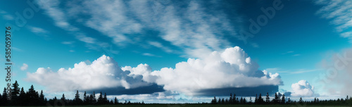 Illustration of a serene landscape with trees and billowing clouds created with Generative AI technology