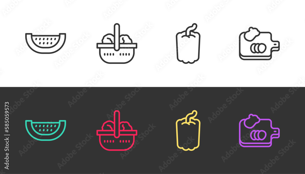 Set line Watermelon, Basket and food, Bell pepper and Cutting board with vegetables on black and white. Vector Set line Watermelon, Basket and food, Bell pepper and Cutting board with vegetables on black and white. Vector