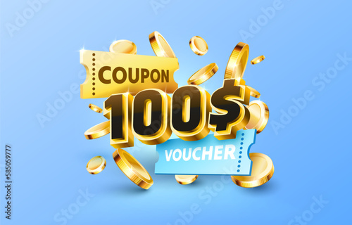 100 dollar coupon gift voucher, cash back banner special offer. Vector