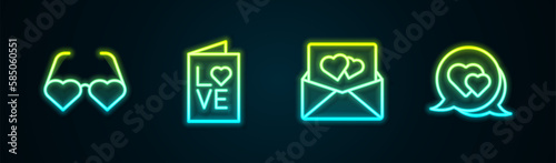 Set line Heart shaped love glasses, Valentines day party flyer, Envelope with heart and speech bubble. Glowing neon icon. Vector