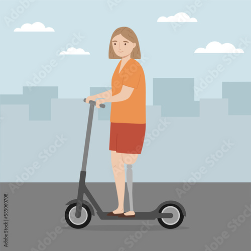 Young woman with a prosthetic leg riding electric scooter in the city. Handicapped person