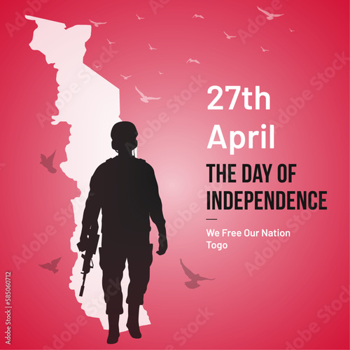 Togo Independence Day Social Media Post, Greeting Card, Vector Illustration. 27th of April Togolese National Holiday Day Background with Elements of National Color, Map, Army, Pigeon, Square Format.