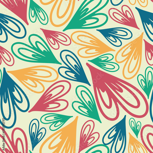 Multi colored heart shapes from quilling lines. Vector seamless cartoon pattern.