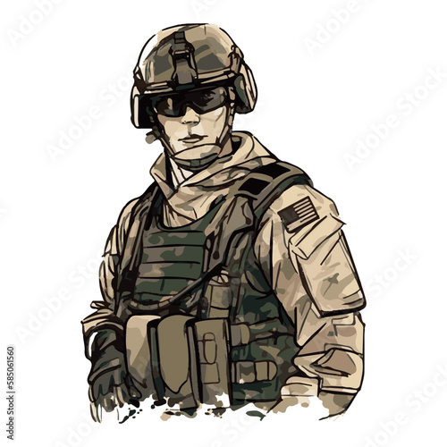 Military infantry. Cartoon soldier isolated drawing. Vector art of army combat force. Man in uniform going to war. Patriotic soldier fighting for freedom. Infantry hero veteran. Graphic art unit.