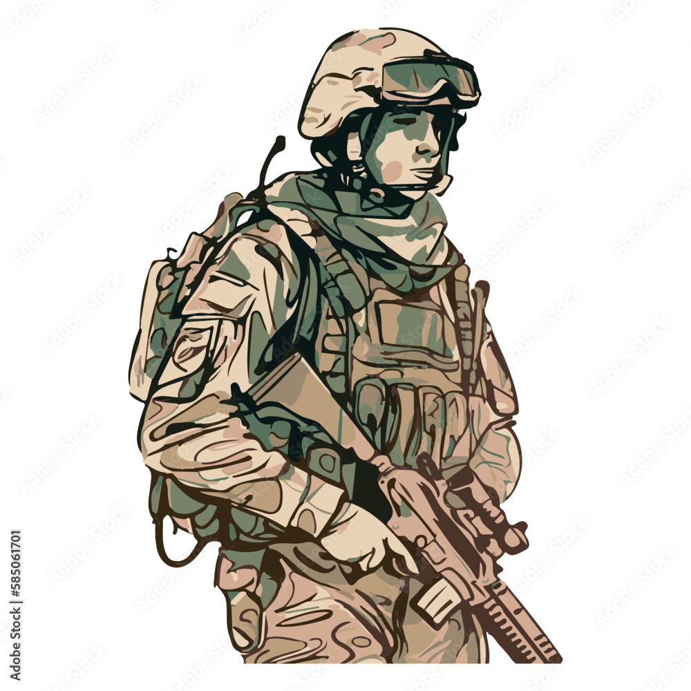 Fototapeta premium Military infantry. Cartoon soldier isolated drawing. Vector art of army combat force. Man in uniform going to war. Patriotic soldier fighting for freedom. Infantry hero veteran. Graphic art unit.