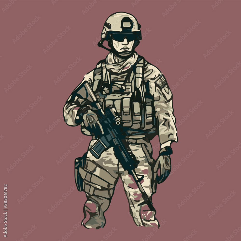 Military infantry. Cartoon soldier isolated drawing. Vector art of army combat force. Man in uniform going to war. Patriotic soldier fighting for freedom. Infantry hero veteran. Graphic art unit.