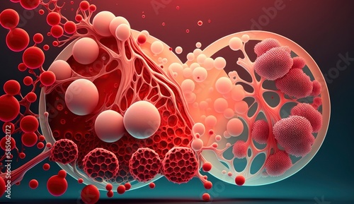 3d rendering of Human cell or Embryonic stem cell, Red Cancer cells, Red virus, Virus or bacteria cells, Human Cancer Cell, 3d illustration of T cells or cancer cells, Generate Ai photo