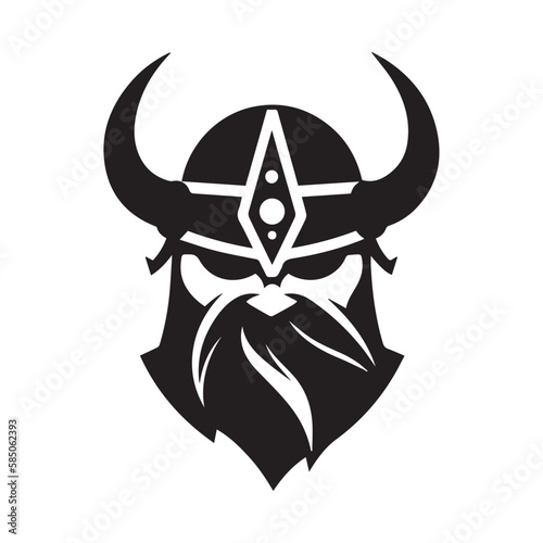 Viking head. Scandinavian fighter. Man with helmet and beard. Vector icon of strong nordic warrior. Powerful angry and strong fighter. Tattoo design of odin soldier. Minimal clean modern company logo