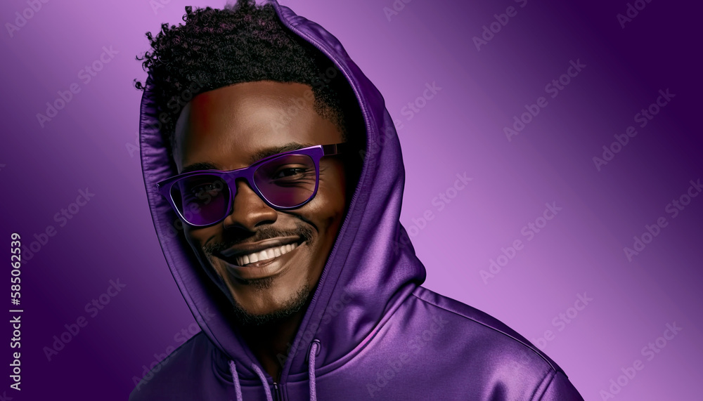 Banner studio protrait of handsome Afro American man over purple background with copy space. Advertising concept. Generative AI. Banner studio protrait of handsome Afro American man over purple background with copy space. Advertising concept. Generative AI.