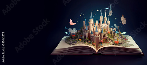 Banner of an open book with a fantasy world popping out. World book day. Generative AI.