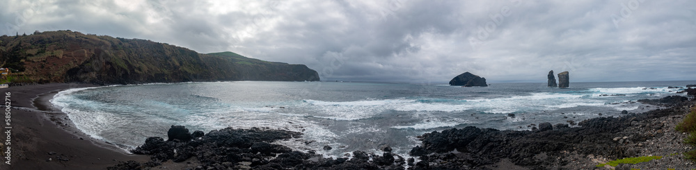 Mosteiros beach on the island of Sao Miguel in the Azores. Rock formation in coastline landscape