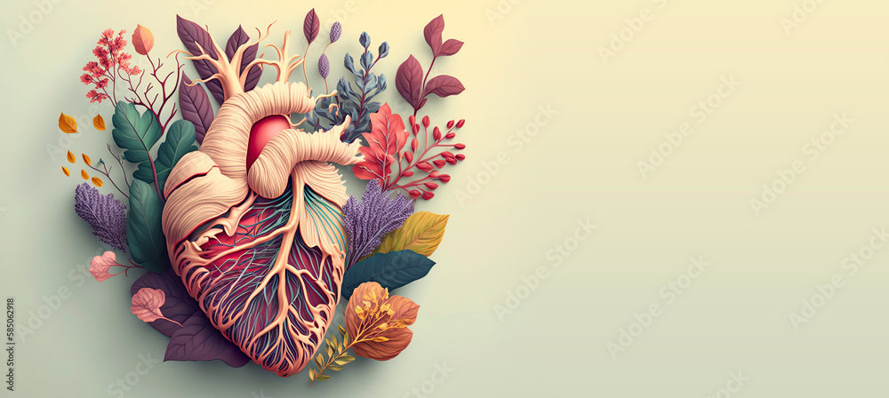 Banner of human hearth with flowers. Love and emotion concept. Mental health. Be kind. Help and charity. Generative AI.