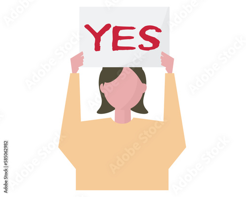 YESのフリップボードを持って支持をする女性。賛成、選挙、同意。ベクターイラスト