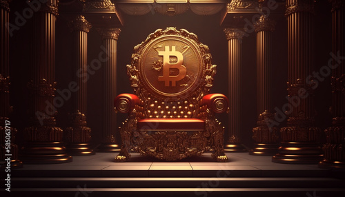 Gold and red kings throne with a gold bitcoin gravering 