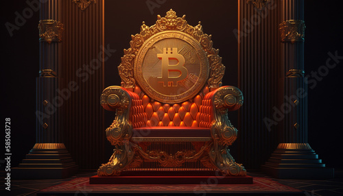 Gold and red kings throne with a gold bitcoin gravering  photo