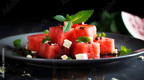 Watermelon feta salad with mint leaves and balsamic sauce, hight key, free space for text photo