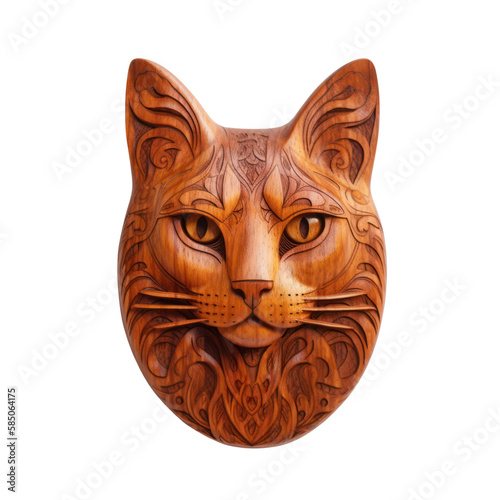 Mahogany wooden cat head trophy, isolated on white, wall hanging, transparent background, PNG, generative ai