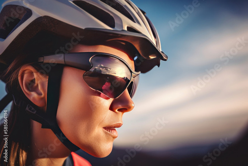 Portrait of sportswoman, cyclist in sunglasses