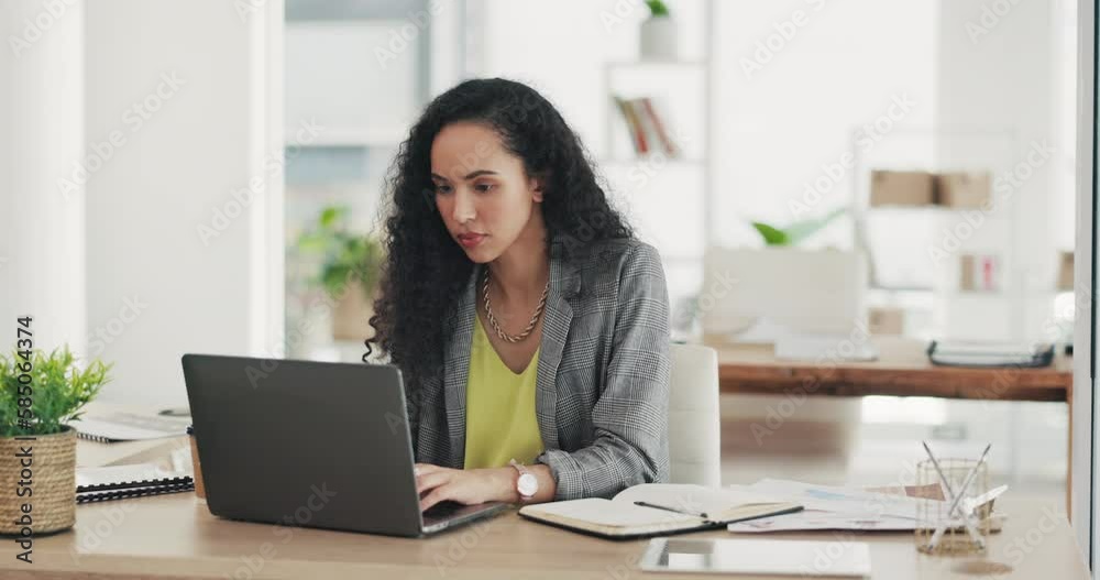 Startup business, laptop and woman typing for market research, company planning or online logistics in office. Serious young professional or biracial person working on computer, website and workspace Startup business, laptop and woman typing for market research, company planning or online logistics in office. Serious young professional or biracial person working on computer, website and workspace