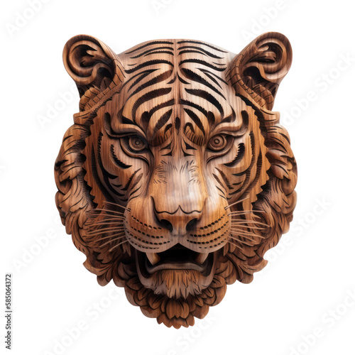 Mahogany wooden tiger head trophy,  isolated on white, wall hanging, transparent background, PNG, generative ai © Rawf8
