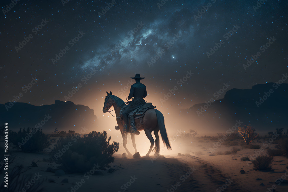 Western Cowboy riding his horse at night under the milky way galaxy, desert, HDR, anime scene, mist, atmospheric, set design by Michel Crête, Aerial acrobatics design by André Simard, hyperrealistic, 
