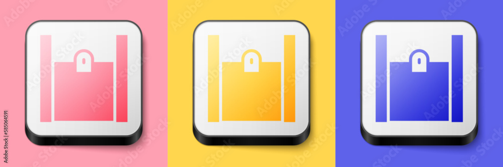 Isometric Paper shopping bag icon isolated on pink, yellow and blue background. Package sign. Square button. Vector Isometric Paper shopping bag icon isolated on pink, yellow and blue background. Package sign. Square button. Vector