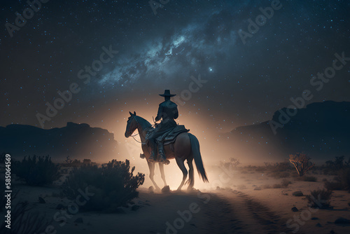Western Cowboy riding his horse at night under the milky way galaxy, desert, HDR, anime scene, mist, atmospheric, set design by Michel Crête, Aerial acrobatics design by André Simard, hyperrealistic,  © Prasanth