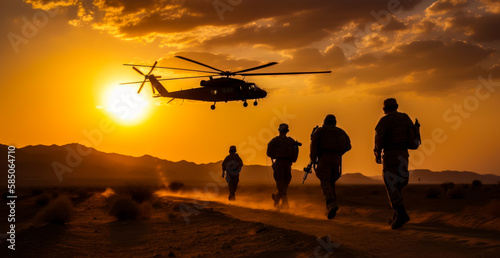 Desert military man walking. Soldiers with weapons moving by desert storm. Generative AI. photo