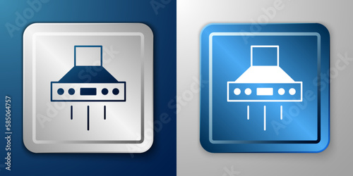 White Kitchen extractor fan icon isolated on blue and grey background. Cooker hood. Kitchen exhaust. Household appliance. Silver and blue square button. Vector