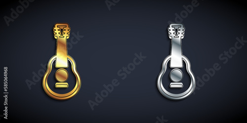 Gold and silver Guitar icon isolated on black background. Acoustic guitar. String musical instrument. Long shadow style. Vector