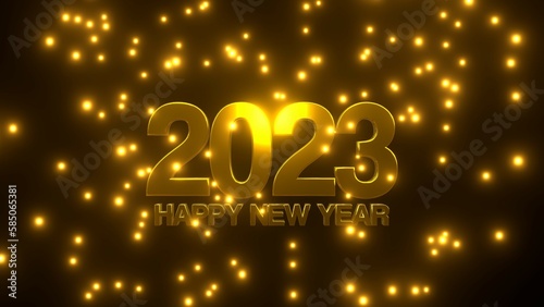 Happy New Year 2023 with golden falling particle on black background.