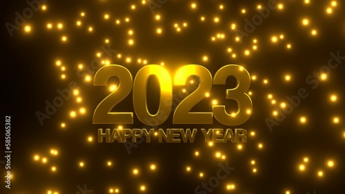 Happy New Year 2023 with golden falling particle on black background.