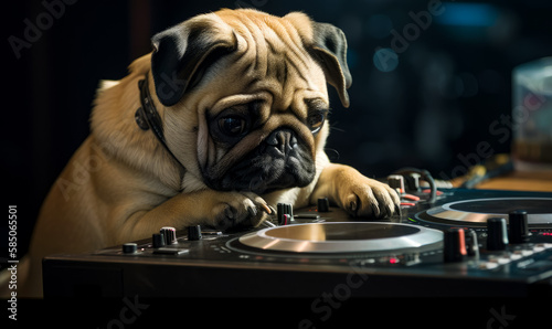 Dog with dj equipment. Funny dog hipster at nightclub. Generative AI. © Vadim