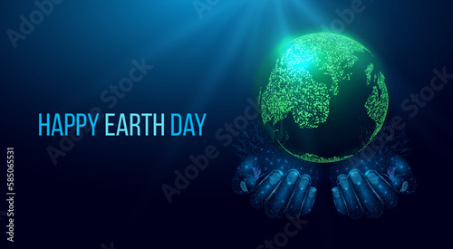 Happy Earth Day concept. Two human hands are holds Planet Earth. Protection environmental, Ecology concept. Futuristic modern abstract background. Vector illustration