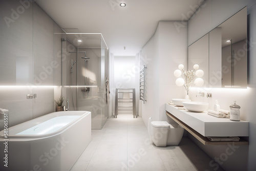 Bath Room Luxury Interior Design  bathtub  sink  artificial light   with beautiful decoration  the concept for home and hotel  generative AI tools.