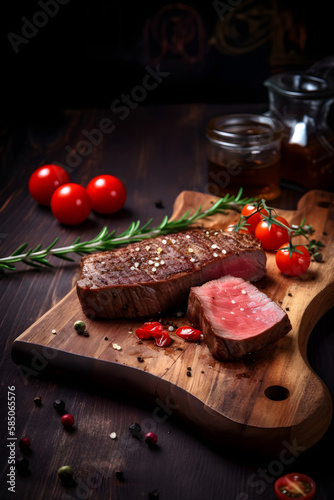 Grilled beef steak with cherry tomatoes on wooden cuttting board. Generative AI