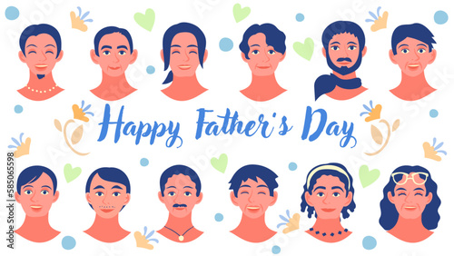 父の日のベクターイラストセット。父親たちの顔のアイコン。フラットなベクターイラスト。 Vector illustration set for Father’s Day. Icon of mothers' faces. Flat designed vector illustration.