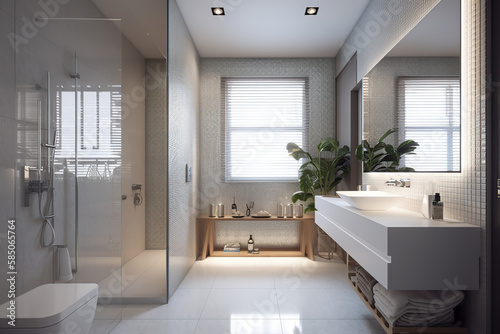 Bath Room Luxury Interior Design, bathtub, sink, artificial light,  with beautiful decoration, the concept for home and hotel, generative AI tools. © MrNobody