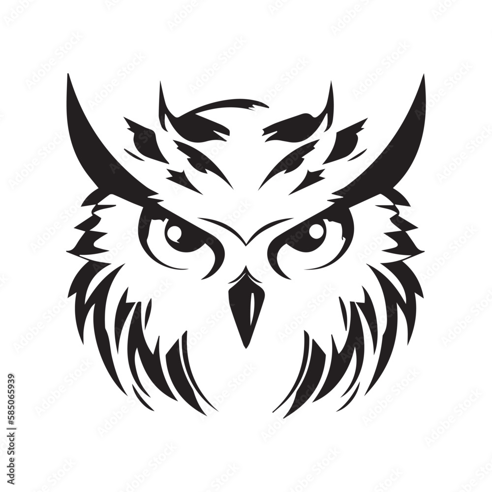 Owl minimal black and white vector icon. Isolated artistic logo. Tattoo ideas of wise animal. Creative modern concept of bird. Simple shapes for company logo. Brand design. Graphic art of snow owl.