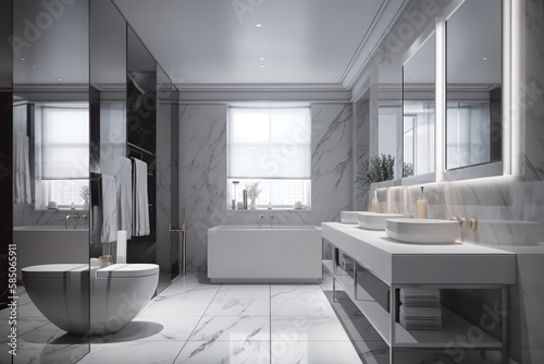 Bath Room Luxury Interior Design, bathtub, sink, artificial light, with beautiful decoration, the concept for home and hotel, generative AI tools.