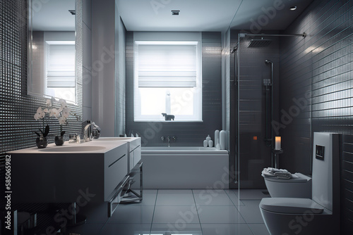 Bath Room Luxury Interior Design, bathtub, sink, artificial light, with beautiful decoration, the concept for home and hotel, generative AI tools.