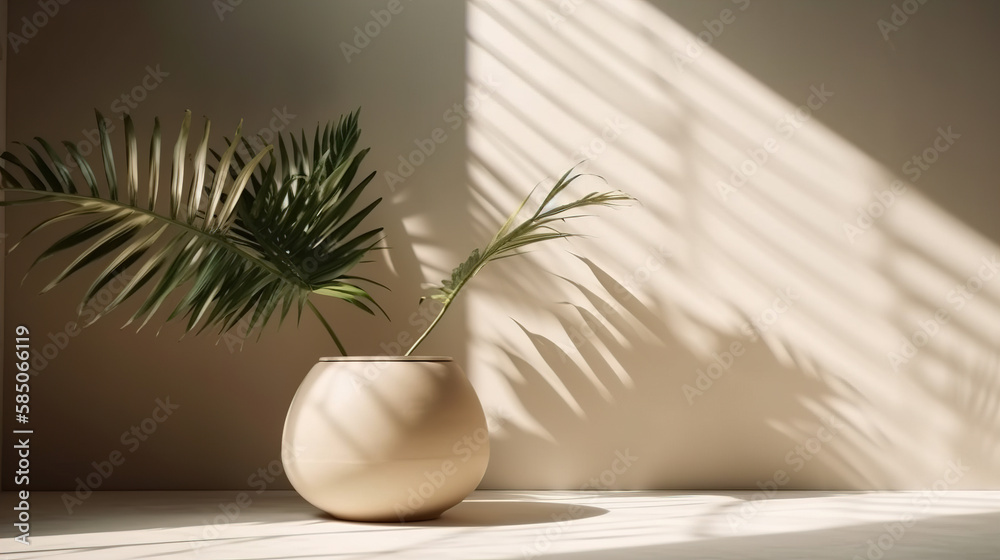 Modern geometric design oak wooden podium, beautiful wood grain, tropical palm tree in sunlight, leaf shadow on blank beige wall for luxury organic cosmetic, skincare, Created with generative AI tools