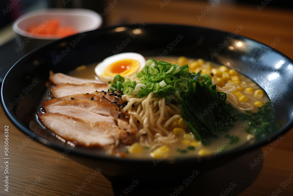 Ramen. Japanese ramen noodle soup in black bowl