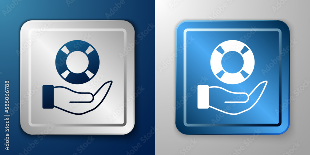 White Lifebuoy in hand icon isolated on blue and grey background. Lifebelt symbol. Silver and blue square button. Vector White Lifebuoy in hand icon isolated on blue and grey background. Lifebelt symbol. Silver and blue square button. Vector