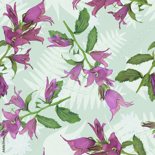 Bell flowers with fern silhouette seamless pattern.